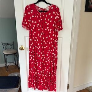J. Crew Red and White Ruffled Tiered Midi Dress